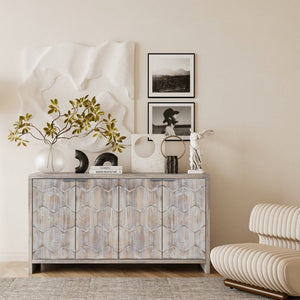 English Elm Accent Farmhouse Sideboard with Fluted Doors Natural Wood Wash Finish Dining Storage W1435P151555