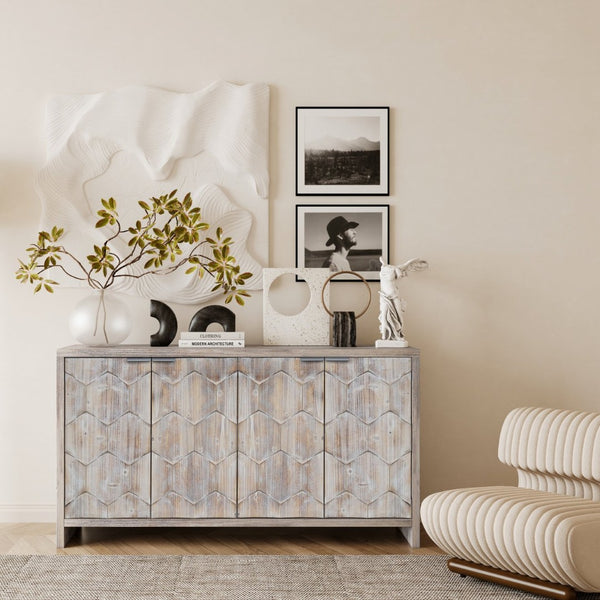 English Elm Accent Farmhouse Sideboard with Fluted Doors Natural Wood Wash Finish Dining Storage W1435P151555
