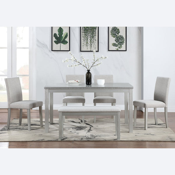 English Elm 6 Piece Wooden Dining Set For 6 - Elegant Silver Grey Table With 4 Cushioned Chairs & Bench W1998S00045