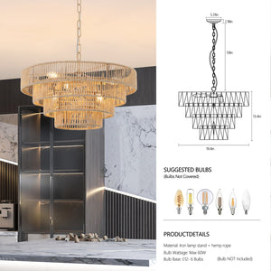 English Elm (Same As W1340P155976/L1019-4) 20" Boho Modern 4-Layer Woven Hemp Chandelier - Elegant Pendant Light Fixture W1340P206665