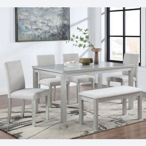 English Elm 6 Piece Wooden Dining Set For 6 - Elegant Silver Grey Table With 4 Cushioned Chairs & Bench W1998S00045