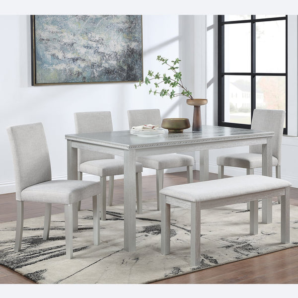 English Elm 6 Piece Wooden Dining Set For 6 - Elegant Silver Grey Table With 4 Cushioned Chairs & Bench W1998S00045
