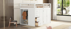 English Elm Full Size Pinewood Loft Bed with Wardrobe Staircase Storage and Open Shelving White LT000524AAK-1