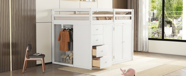 English Elm Full Size Pinewood Loft Bed with Wardrobe Staircase Storage and Open Shelving White LT000524AAK-1