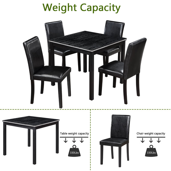 English Elm 5 Piece Wooden Dining Table Set - Elegant Square Table With Crystal Trim & 4 Upholstered Chairs, Black W1998S00041