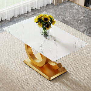 English Elm A Striking Modern Minimalist Rectangular Dining Table For 6-8 With Gold Base & Tempered Glass Top W1151S04361