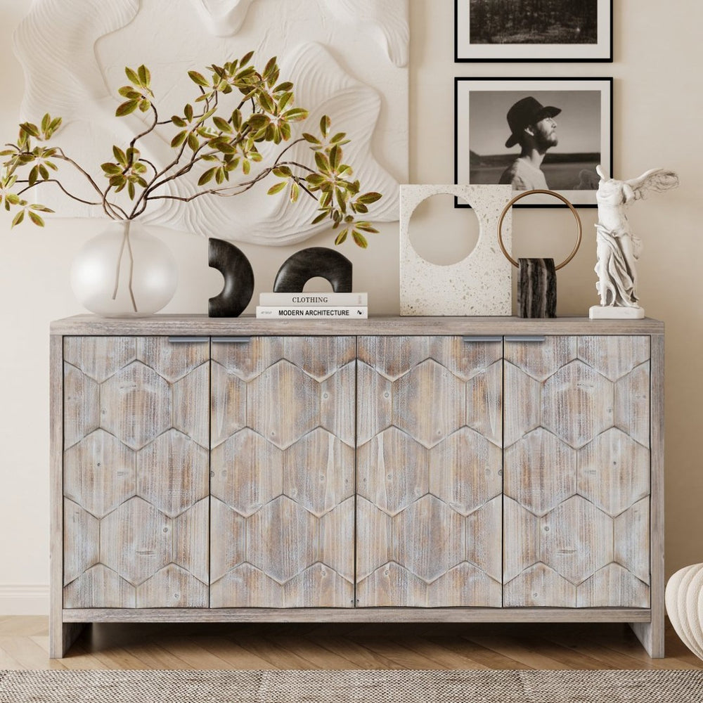 English Elm Accent Farmhouse Sideboard with Fluted Doors Natural Wood Wash Finish Dining Storage W1435P151555