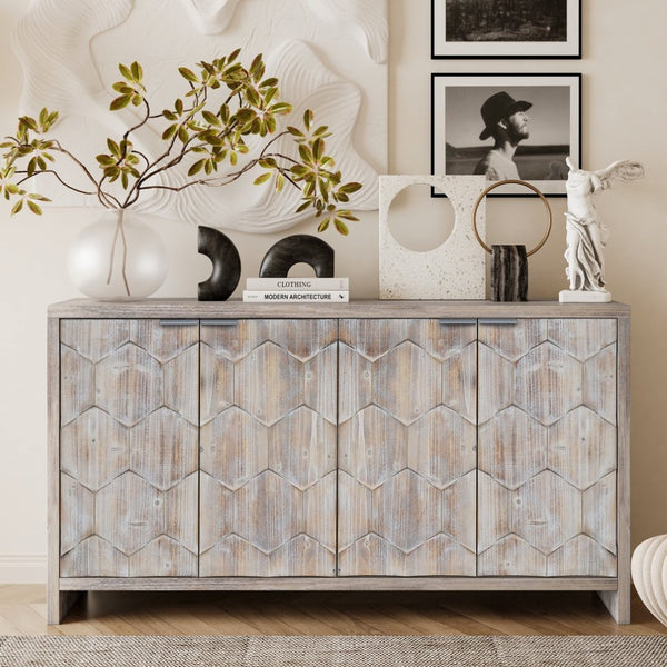 English Elm Accent Farmhouse Sideboard with Fluted Doors Natural Wood Wash Finish Dining Storage W1435P151555