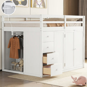 English Elm Full Size Pinewood Loft Bed with Wardrobe Staircase Storage and Open Shelving White White LT000524AAK