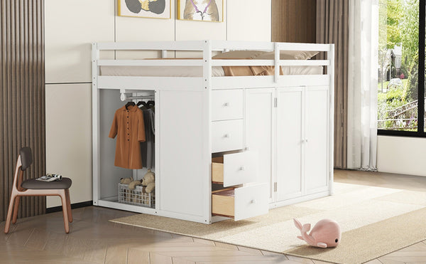 English Elm Full Size Pinewood Loft Bed with Wardrobe Staircase Storage and Open Shelving White LT000524AAK-1