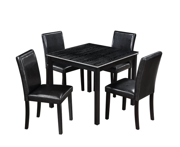 English Elm 5 Piece Wooden Dining Table Set - Elegant Square Table With Crystal Trim & 4 Upholstered Chairs, Black W1998S00041