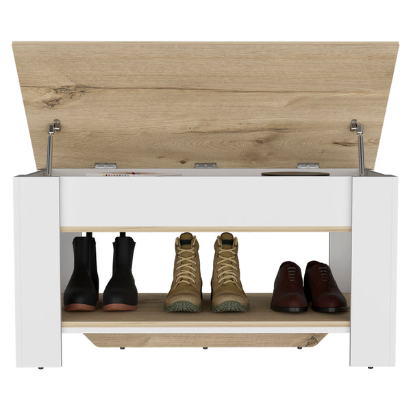 English Elm Storage Table with Liftable Top and Shoe Rack Lower Shelf Light Oak White – Space-Saving Entryway Storage B097133162