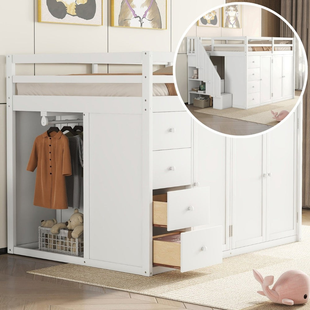 English Elm Full Size Pinewood Loft Bed with Wardrobe Staircase Storage and Open Shelving White White LT000524AAK