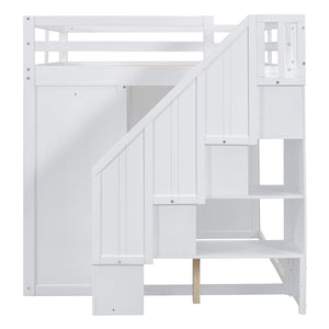English Elm Full Size Pinewood Loft Bed with Wardrobe Staircase Storage and Open Shelving White White LT000524AAK
