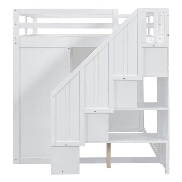English Elm Full Size Pinewood Loft Bed with Wardrobe Staircase Storage and Open Shelving White White LT000524AAK