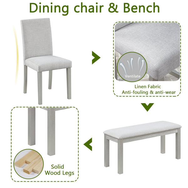 English Elm 6 Piece Wooden Dining Set For 6 - Elegant Silver Grey Table With 4 Cushioned Chairs & Bench W1998S00045