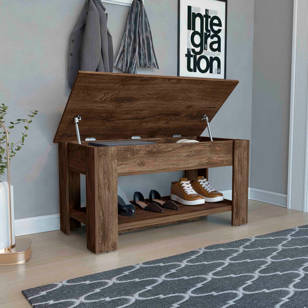 English Elm Storage Lift-Top Table with Shoe Rack Shelf, Dark Brown Particleboard, Metal Hinges for Entryway Living Room Bedroom B097133161