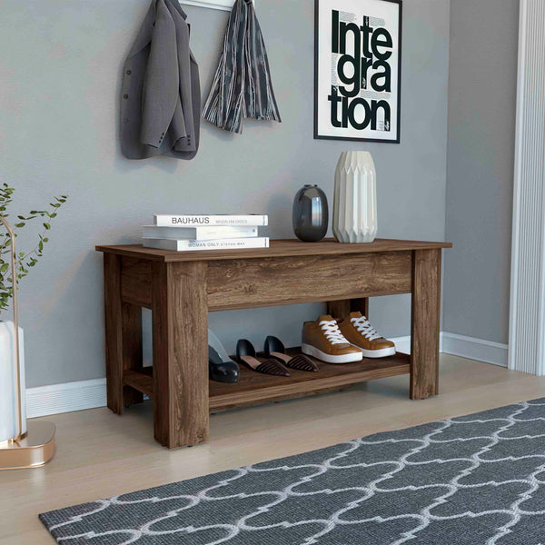 English Elm Storage Lift-Top Table with Shoe Rack Shelf, Dark Brown Particleboard, Metal Hinges for Entryway Living Room Bedroom B097133161