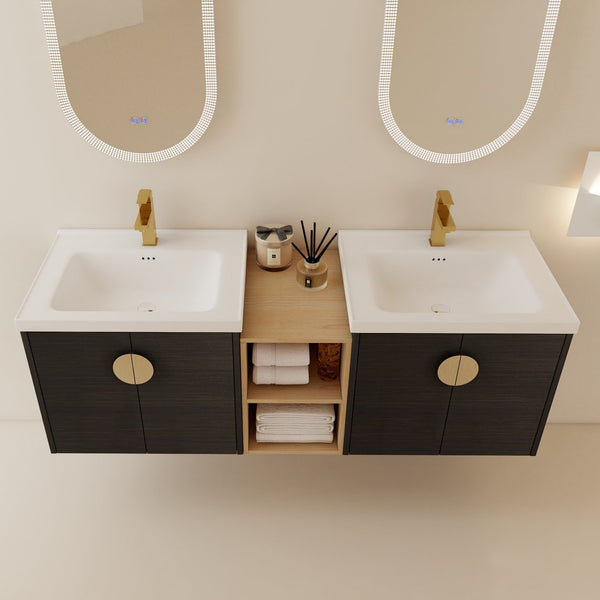 English Elm 60 Inch Soft Close Doors Bathroom Vanity Set With Ceramic Sink, Storage Shelves & Modern Design W999S00138