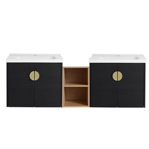 English Elm 60 Inch Soft Close Doors Bathroom Vanity Set With Ceramic Sink, Storage Shelves & Modern Design W999S00138