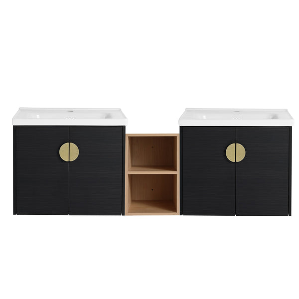 English Elm 60 Inch Soft Close Doors Bathroom Vanity Set With Ceramic Sink, Storage Shelves & Modern Design W999S00138