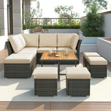 English Elm Patio Furniture Set, 10 Piece Outdoor Conversation Set, Coffeetable With Ottomans, Solid Wood Coffee Table