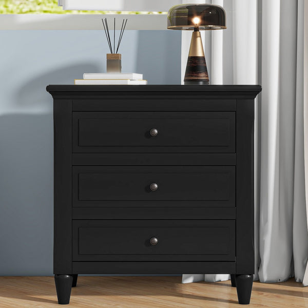 English Elm U_style Three Drawer Painted Nightstand Rubberwood Legs Minimalist Bedside Storage Cabinet Black WF319366AAB