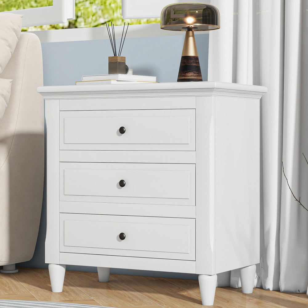 English Elm U_style Three Drawer Painted Nightstand Rubberwood Legs Minimalist Bedside Storage Cabinet White WF319366AAK