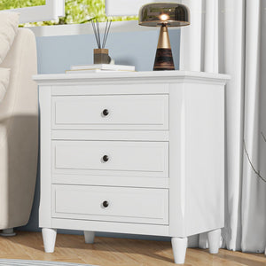 English Elm U_style Three Drawer Painted Nightstand Rubberwood Legs Minimalist Bedside Storage Cabinet White WF319366AAK