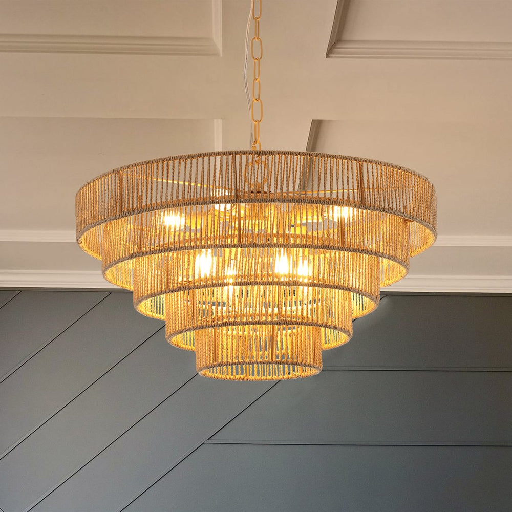 English Elm (Same As W1340P155977/L1019-5) 24" Boho 5-Layer Woven Hemp Rope Chandelier - Elegant Pendant Light Fixture For Home W1340P206666