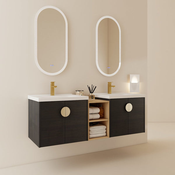 English Elm 60 Inch Soft Close Doors Bathroom Vanity Set With Ceramic Sink, Storage Shelves & Modern Design W999S00138