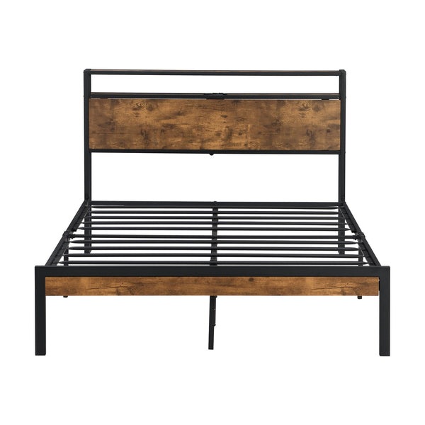 English Elm Full Size Metal Platform Bed Frame with Wooden Headboard Footboard USB Ports, 10" Storage, 600LB Capacity W2297P164911