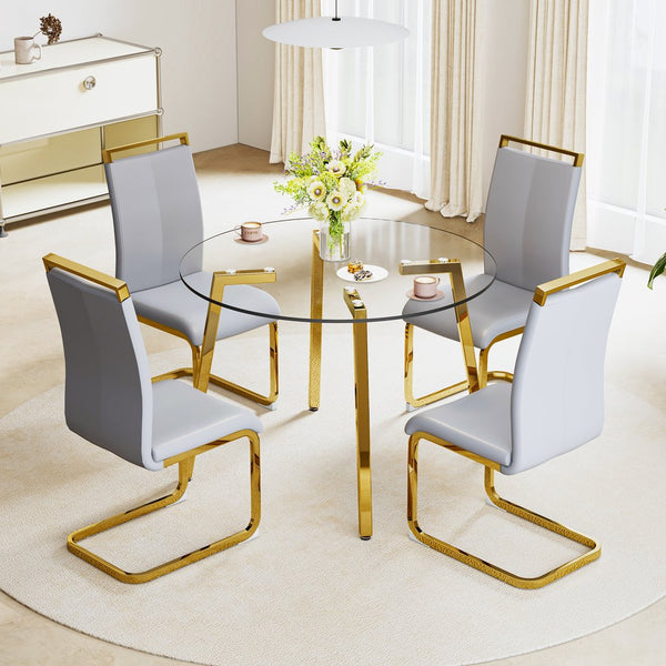 English Elm Modern minimalist tempered glass dining table with gold metal legs, round clear tabletop, easy assembly, 46" diameter, 29.5" height W1151138118