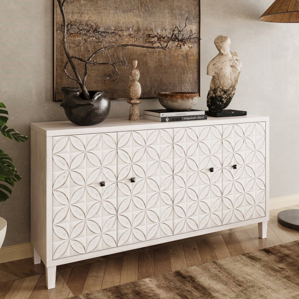 English Elm Accent Farmhouse Sideboard with Fluted Doors Natural Wood Wash Finish Dining Storage W1435P153086