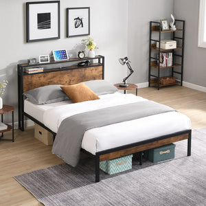 English Elm Full Size Metal Platform Bed Frame with Wooden Headboard Footboard USB Ports, 10" Storage, 600LB Capacity W2297P164911