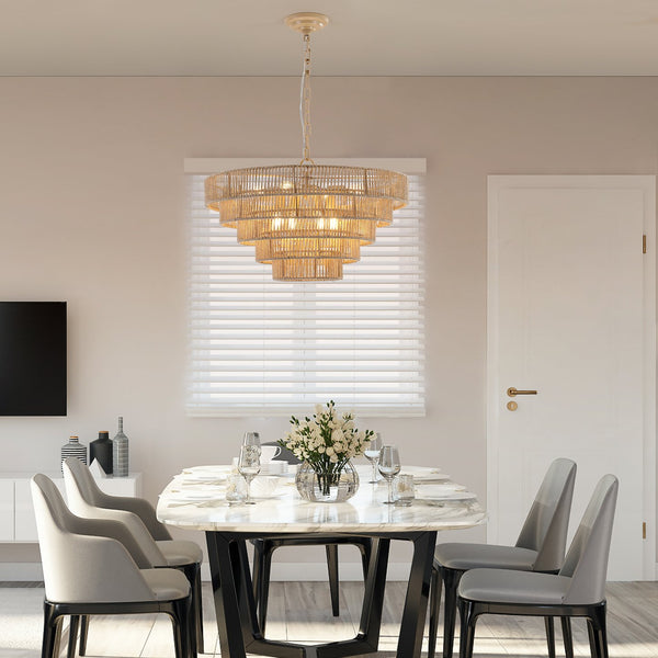 English Elm (Same As W1340P155977/L1019-5) 24" Boho 5-Layer Woven Hemp Rope Chandelier - Elegant Pendant Light Fixture For Home W1340P206666