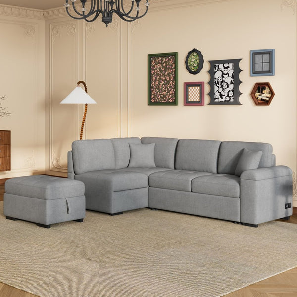 English Elm Sleeper Sectional Velvet Sofa with Usb Ports Ottoman Storage for Apartment Living SG000250AAE