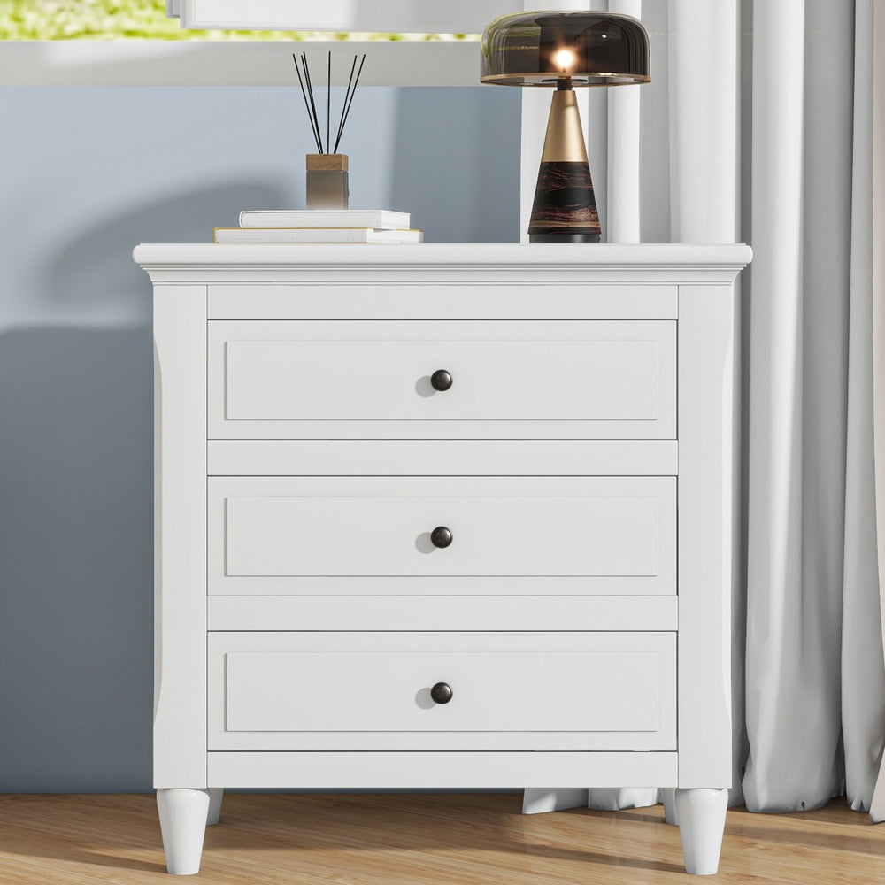 English Elm U_style Three Drawer Painted Nightstand Rubberwood Legs Minimalist Bedside Storage Cabinet White WF319366AAK