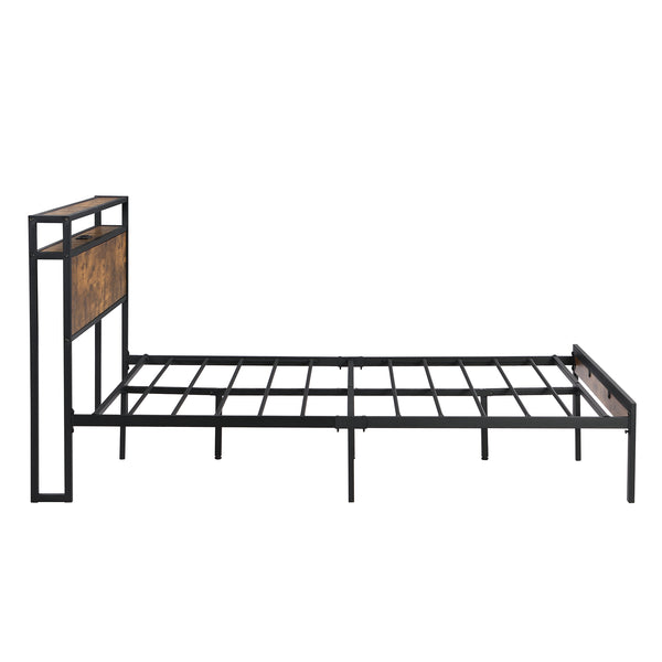 English Elm Full Size Metal Platform Bed Frame with Wooden Headboard Footboard USB Ports, 10" Storage, 600LB Capacity W2297P164911
