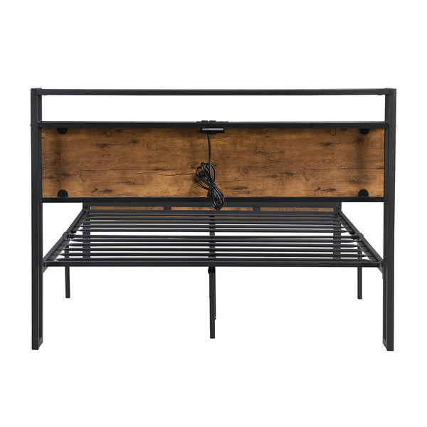 English Elm Full Size Metal Platform Bed Frame with Wooden Headboard Footboard USB Ports, 10" Storage, 600LB Capacity W2297P164911