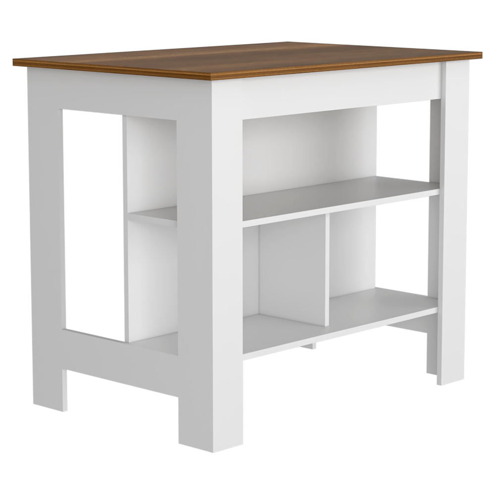 English Elm Kitchen Island Table With 3 Open Storage Shelves, 35" Height, White/Walnut Finish For Modern Homes B097132970