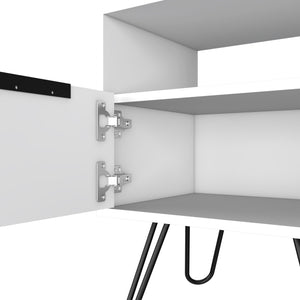 English Elm Nightstand With Open Shelf & Single-Door Cabinet, Stylish Hairpin Legs - Modern White Design For Small Spaces B097132926