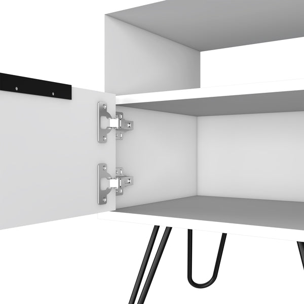 English Elm Nightstand With Open Shelf & Single-Door Cabinet, Stylish Hairpin Legs - Modern White Design For Small Spaces B097132926