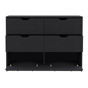 English Elm Basilea 4-Drawer Double Dresser with 2 Pull-Down Cabinets Black — Spacious Storage, Shoe Organizer and Display Surface B200P239598