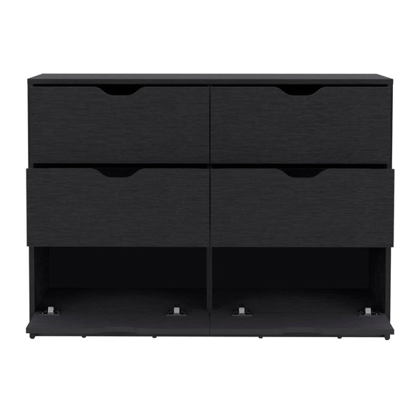 English Elm Basilea 4-Drawer Double Dresser with 2 Pull-Down Cabinets Black — Spacious Storage, Shoe Organizer and Display Surface B200P239598
