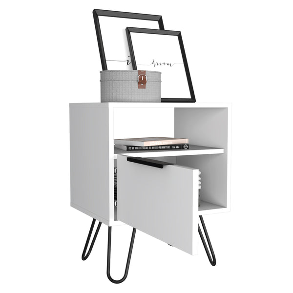 English Elm Nightstand With Open Shelf & Single-Door Cabinet, Stylish Hairpin Legs - Modern White Design For Small Spaces B097132926