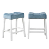 English Elm Morovo Set Of 2 Velvet Counter Height Stools With Tufted Saddle Seats, White-Wash Finish, Blue