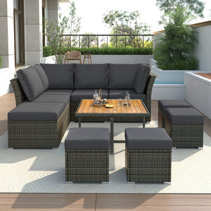 English Elm Patio Furniture Set, 10 Piece Outdoor Conversation Set, Coffeetable With Ottomans, Solid Wood Coffee Table