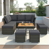 English Elm Patio Furniture Set, 10 Piece Outdoor Conversation Set, Coffeetable With Ottomans, Solid Wood Coffee Table