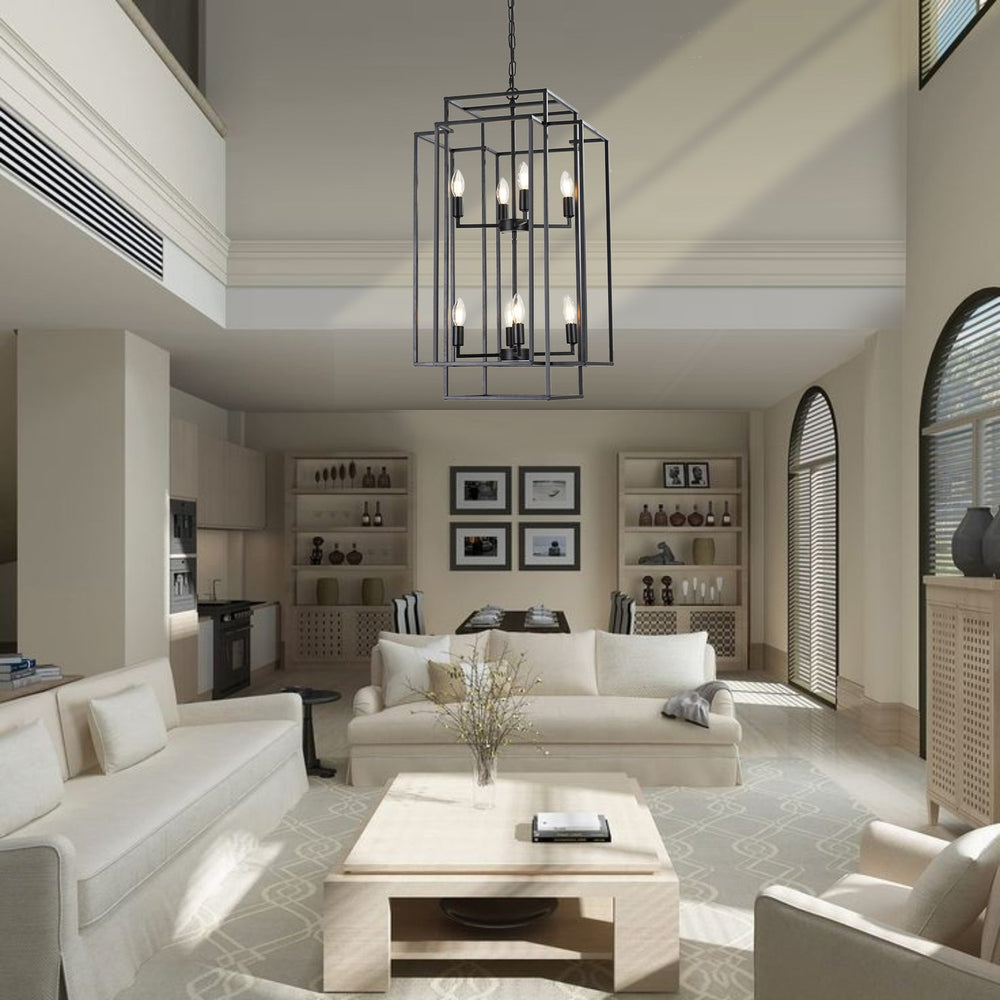 English Elm (Same As W1340142527/L1018-B) 18" 8-Light Black Geometric Pendant Chandelier For Modern Industrial Spaces W1340P206662